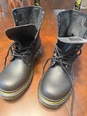 Dr. Martens Black Leather Lace-Up Boots with Yellow Stitching